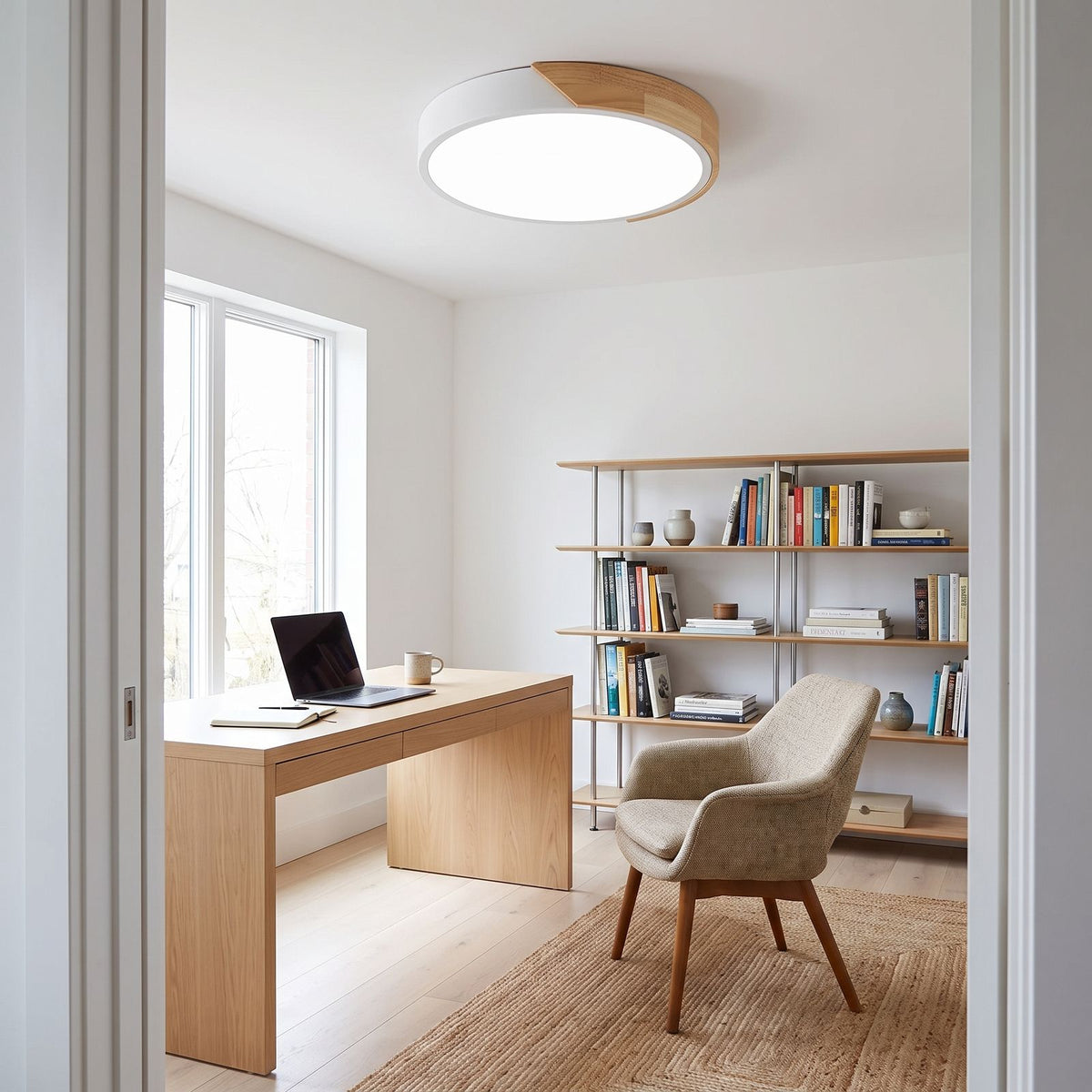 White ultra thin LED oyster ceiling light above a desk in a home office