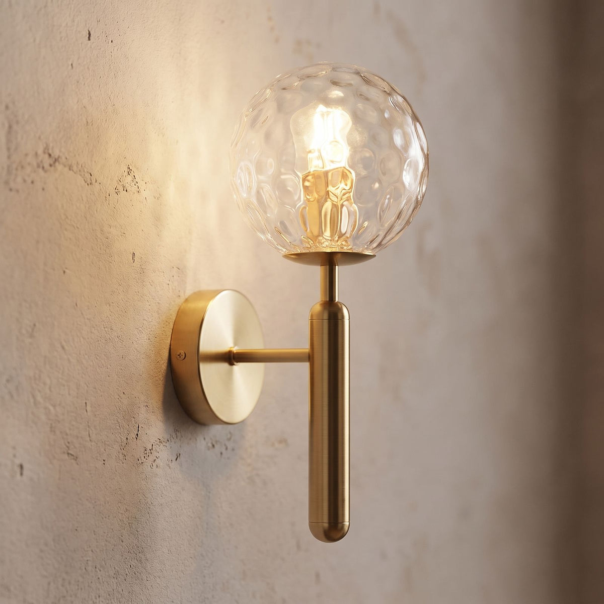 Upturned Glass Globe Wall Light, close view at 45 degrees on a plaster wall