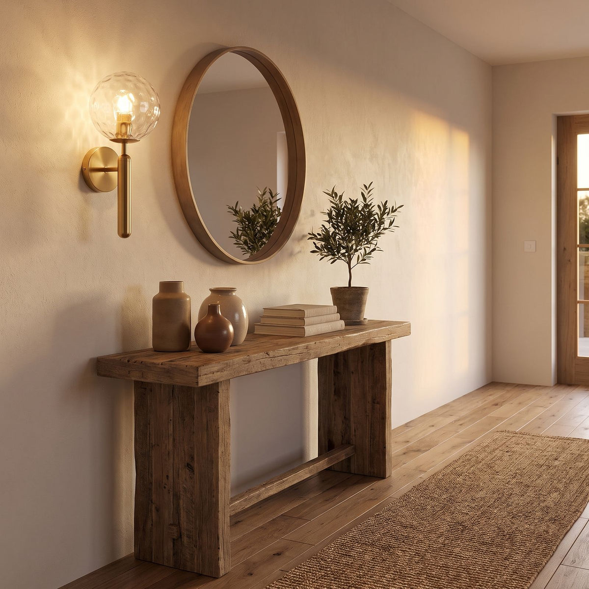 Upturned Glass Globe Wall Light in a hallway above a timber console