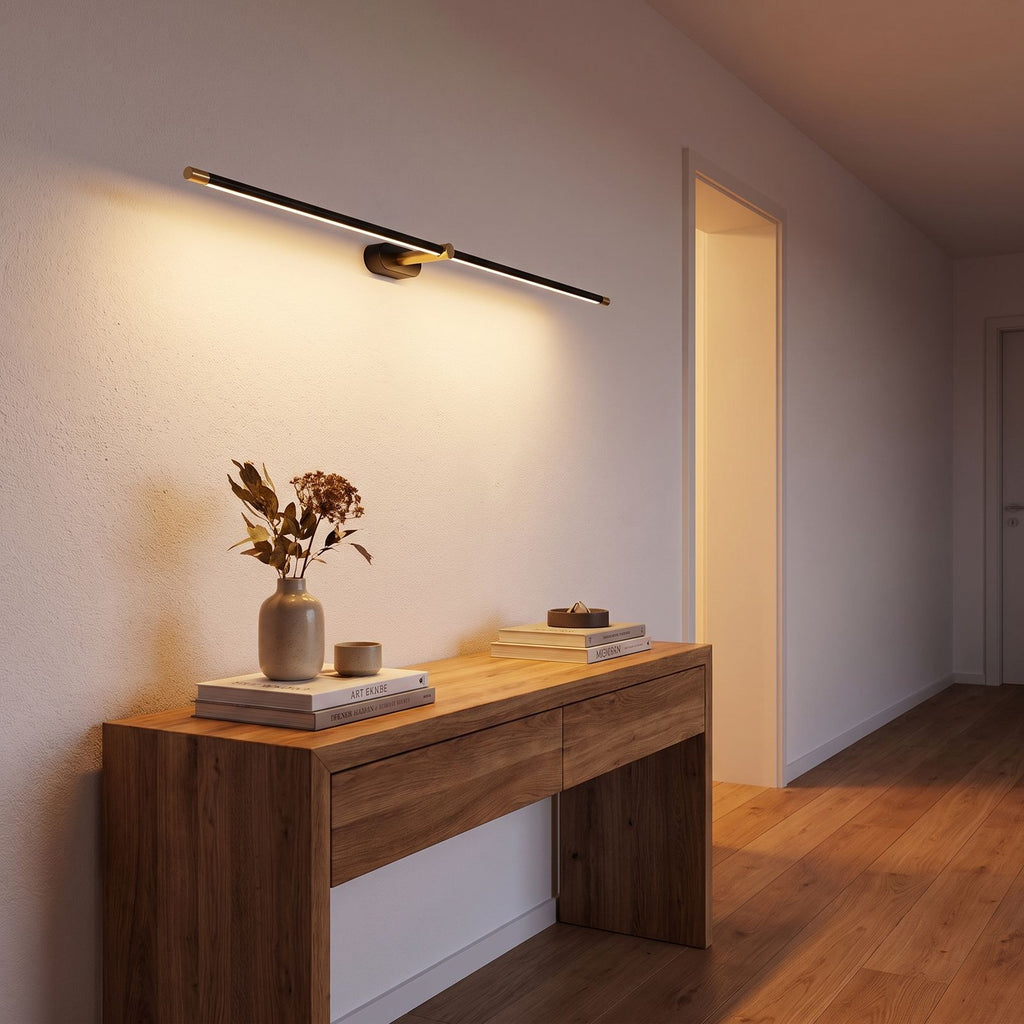 Vertical or Horizontal Linear LED Wall Light in a hallway above a timber console
