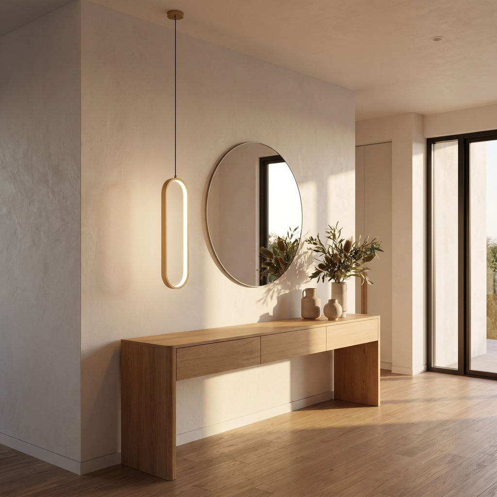 Vertical oval ring LED pendant light in a wide entry hall view