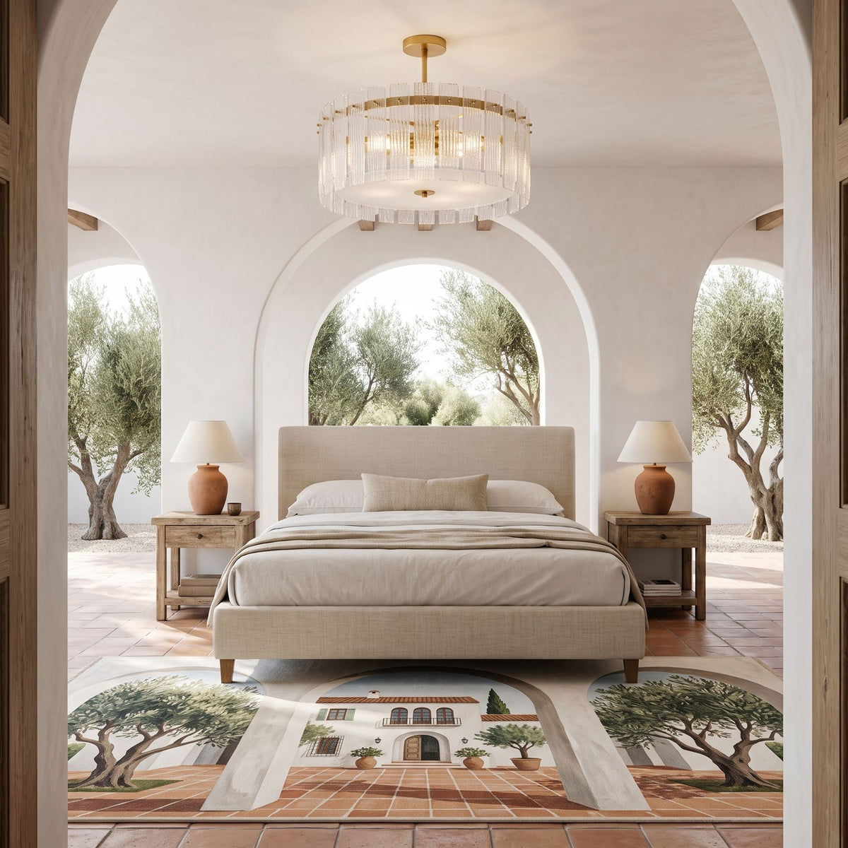 Vertical Textured Glass Drum Semi-Flush Ceiling Light in a bedroom in daylight