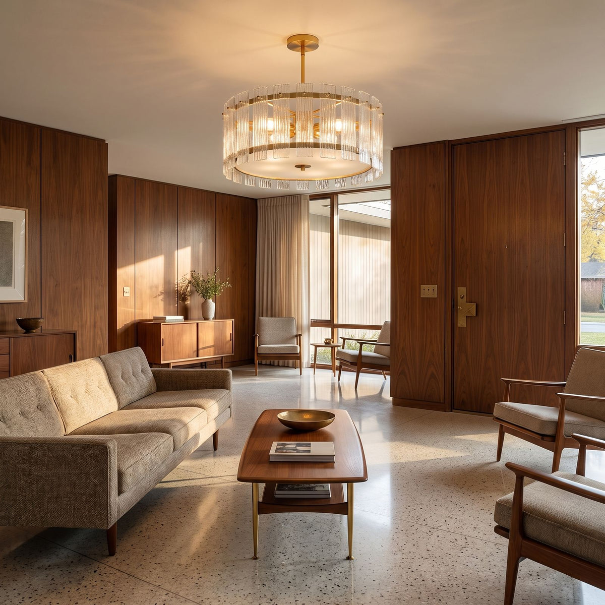 Vertical Textured Glass Drum Semi-Flush Ceiling Light in an open-plan living area, wide view