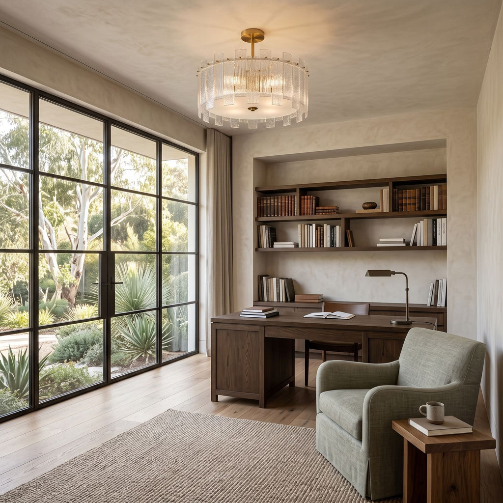 Vertical Textured Glass Drum Semi-Flush Ceiling Light in a home office
