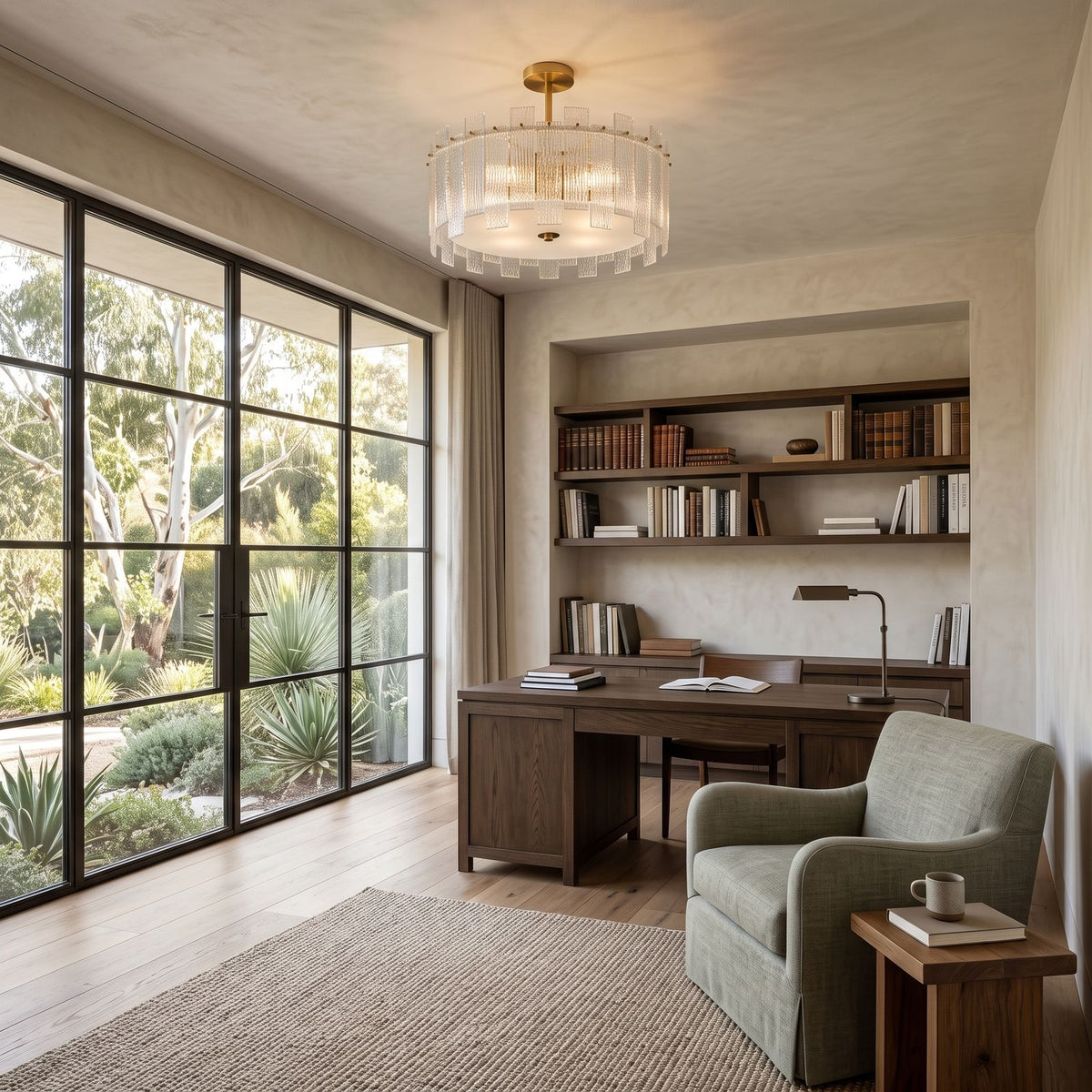 Vertical Textured Glass Drum Semi-Flush Ceiling Light in a home office