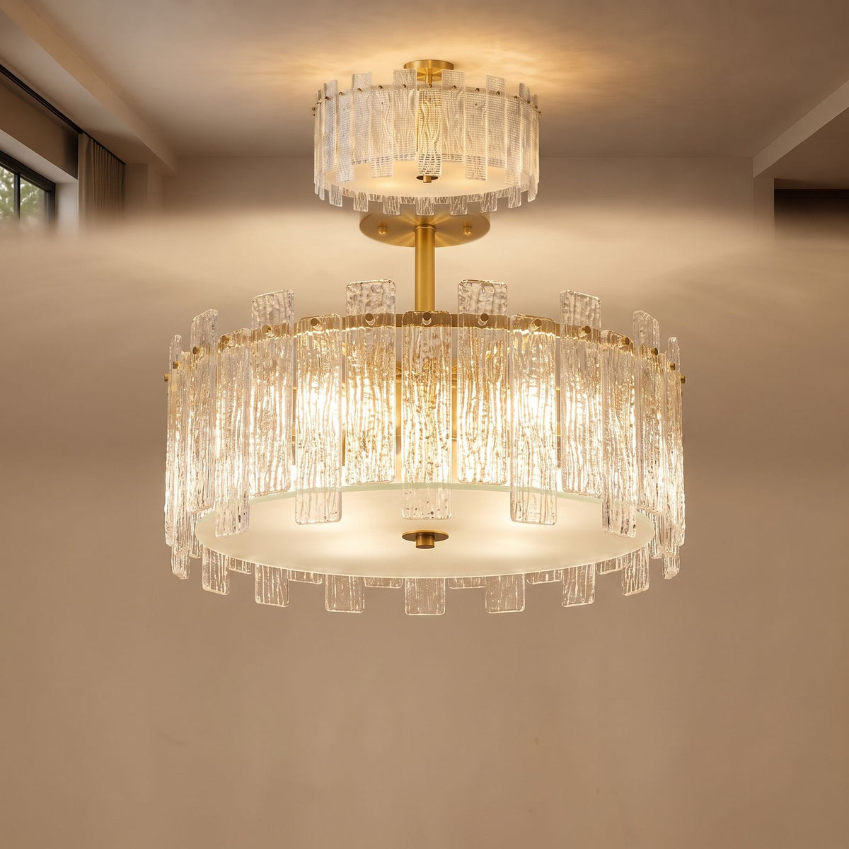 Vertical Textured Glass Drum Semi-Flush Ceiling Light: close-up of the materials and finish