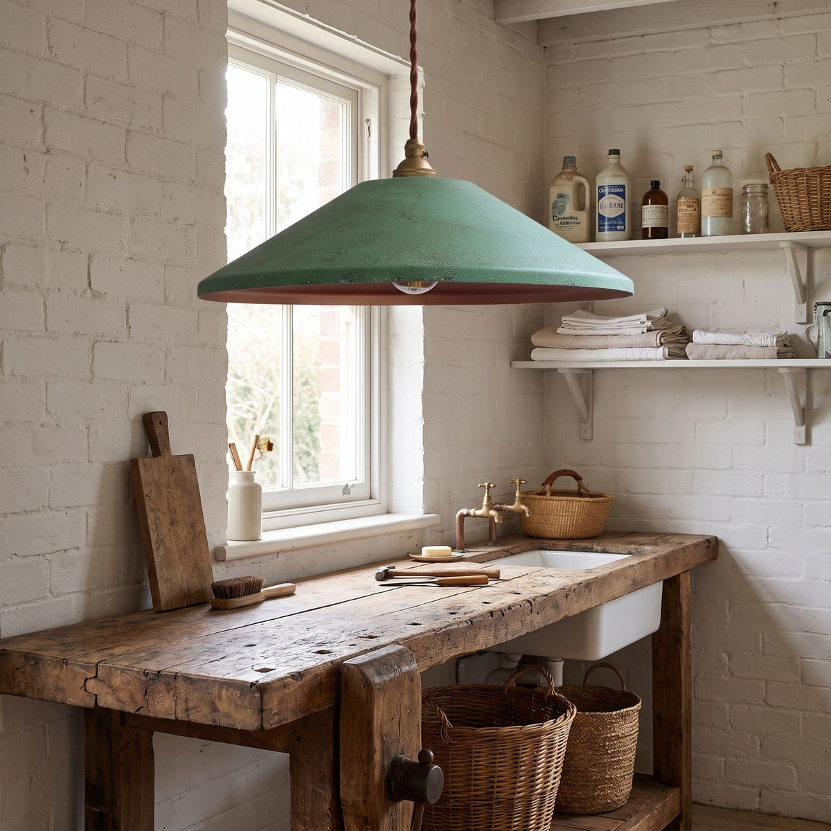 Vintage Iron Shade Industrial Pendant Light above a workbench in a utility room