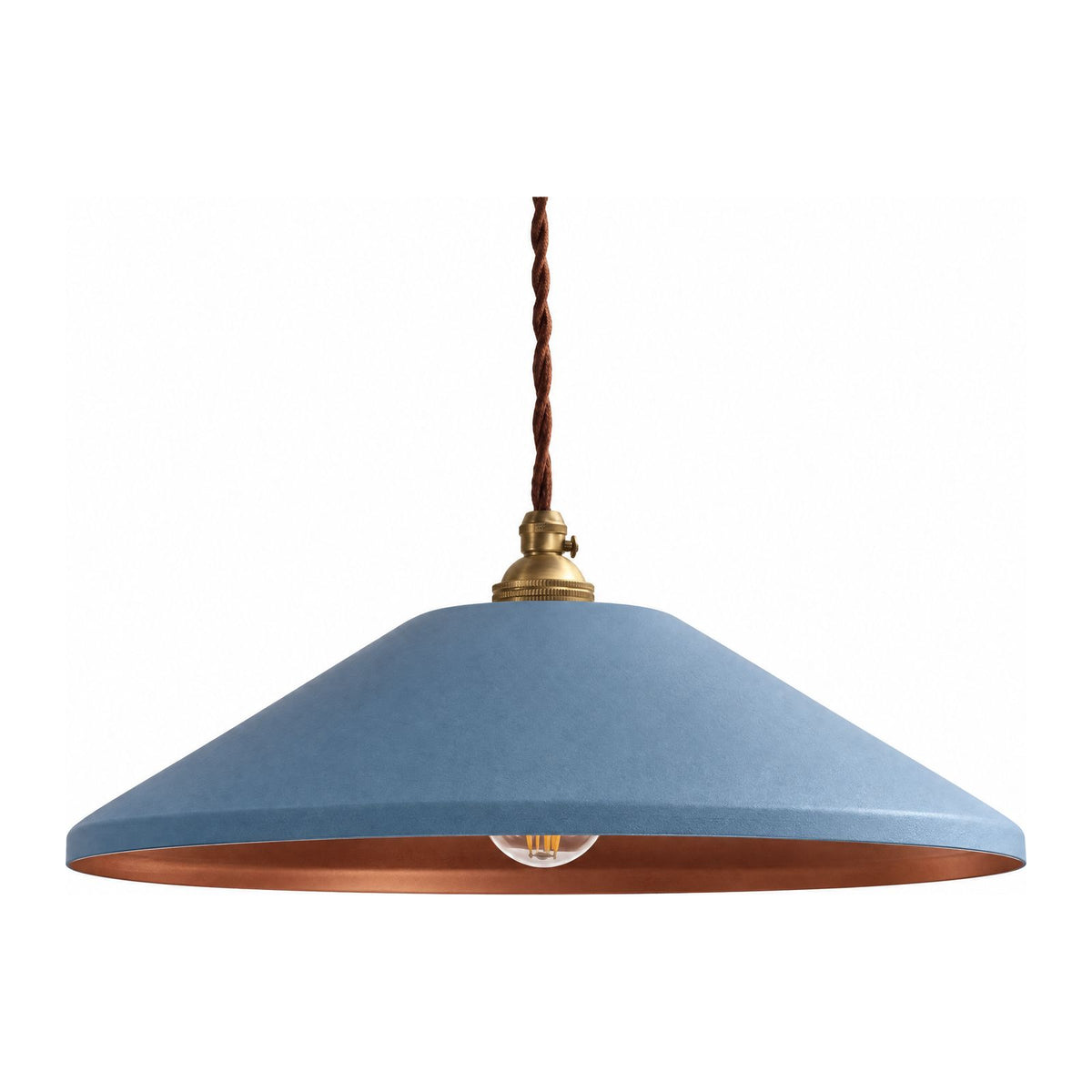 Vintage Iron Shade Industrial Pendant Light with a blue shade on a white background