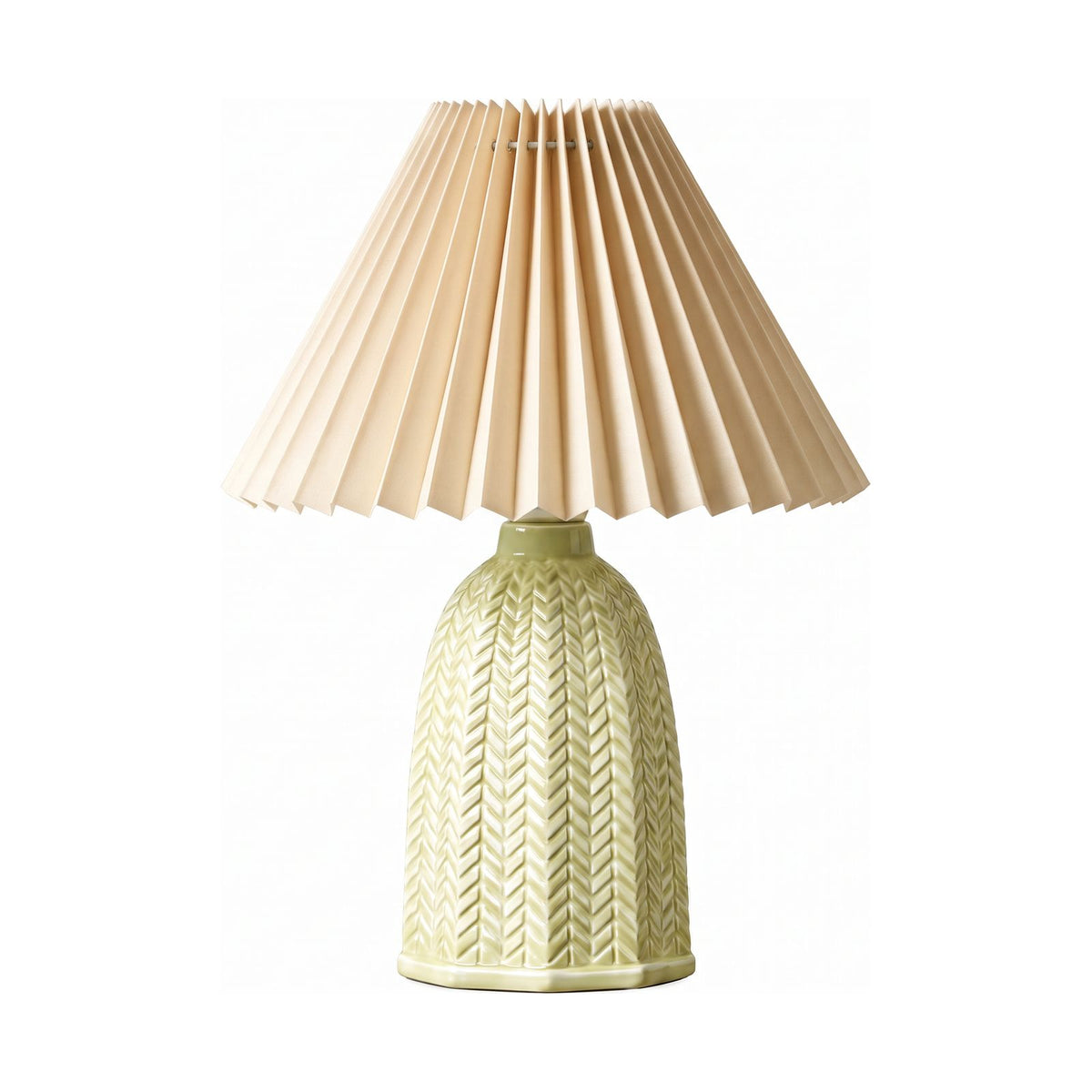 Vintage Light Green Ceramic Pleated Table Lamp with plain beige shade on a white background