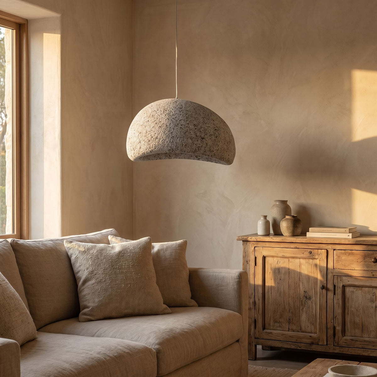 Wabi Sabi Fibreglass Resin Pendant Light in a living room