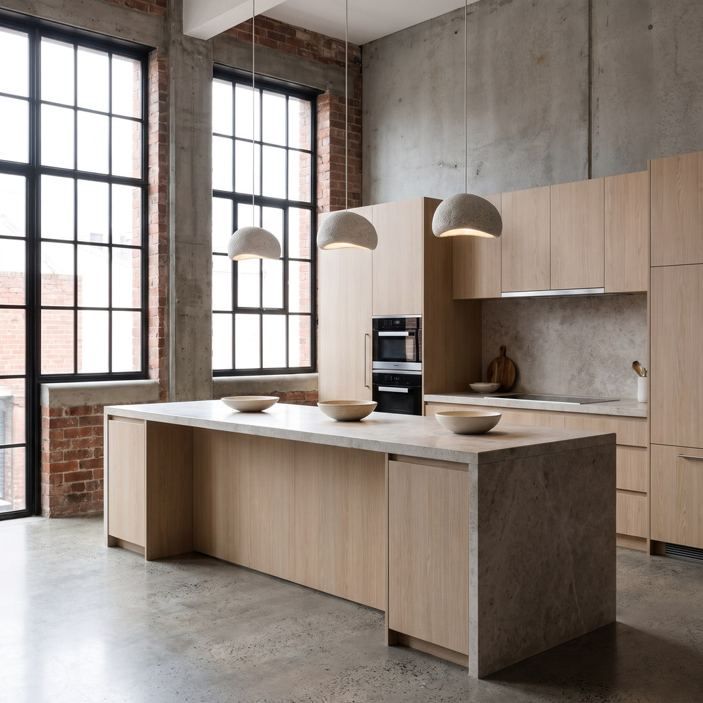 Three small Wabi Sabi pendants above a kitchen island in a warehouse apartment