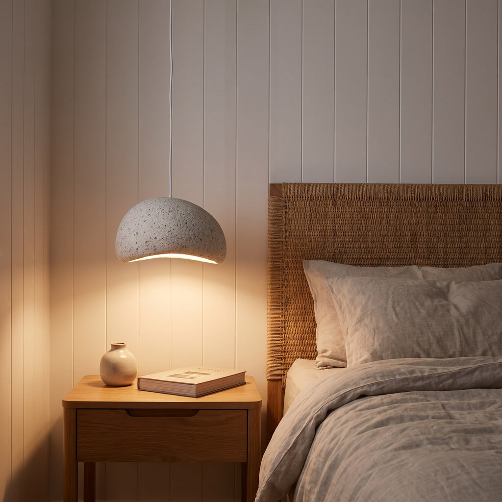 Wabi Sabi pendant hanging low beside a bed