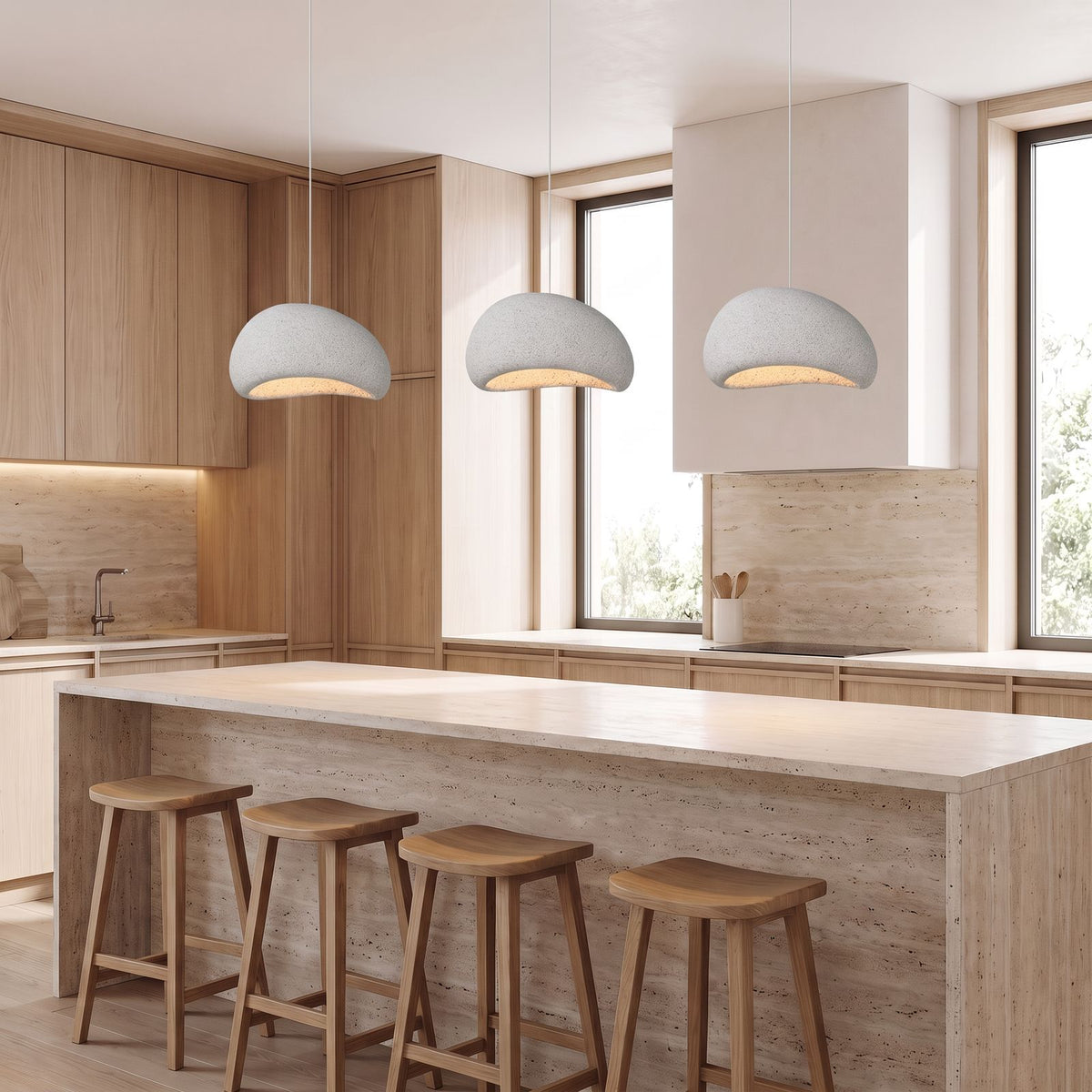 Three Wabi Sabi Fibreglass Resin Pendant Lights in white, Ø30 cm, in a row above a travertine kitchen island