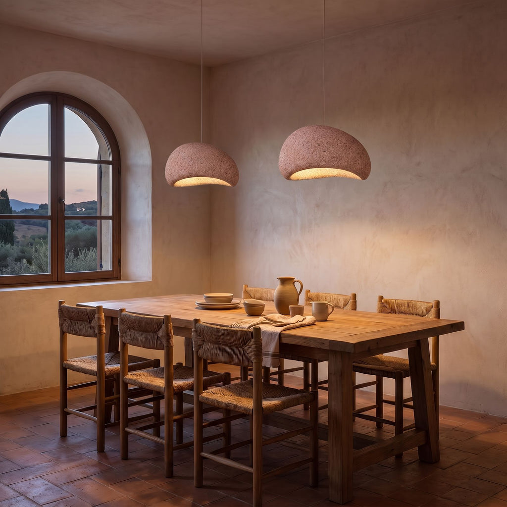 Two Wabi Sabi Fibreglass Resin Pendant Lights in terracotta, Ø40 cm, above a rustic dining table in a Mediterranean dining room
