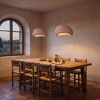 Two Wabi Sabi Fibreglass Resin Pendant Lights in terracotta, Ø40 cm, above a rustic dining table in a Mediterranean dining room