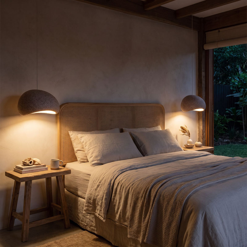 Two Wabi Sabi Fibreglass Resin Pendant Lights in terracotta, Ø30 cm, either side of a bed in a bedroom at night