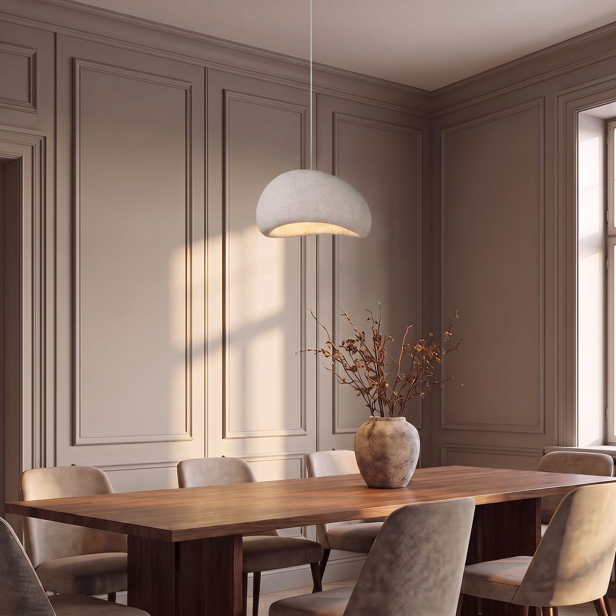 Wabi Sabi Fibreglass Resin Pendant Light in white, Ø50 cm, above a walnut dining table in a panelled dining room