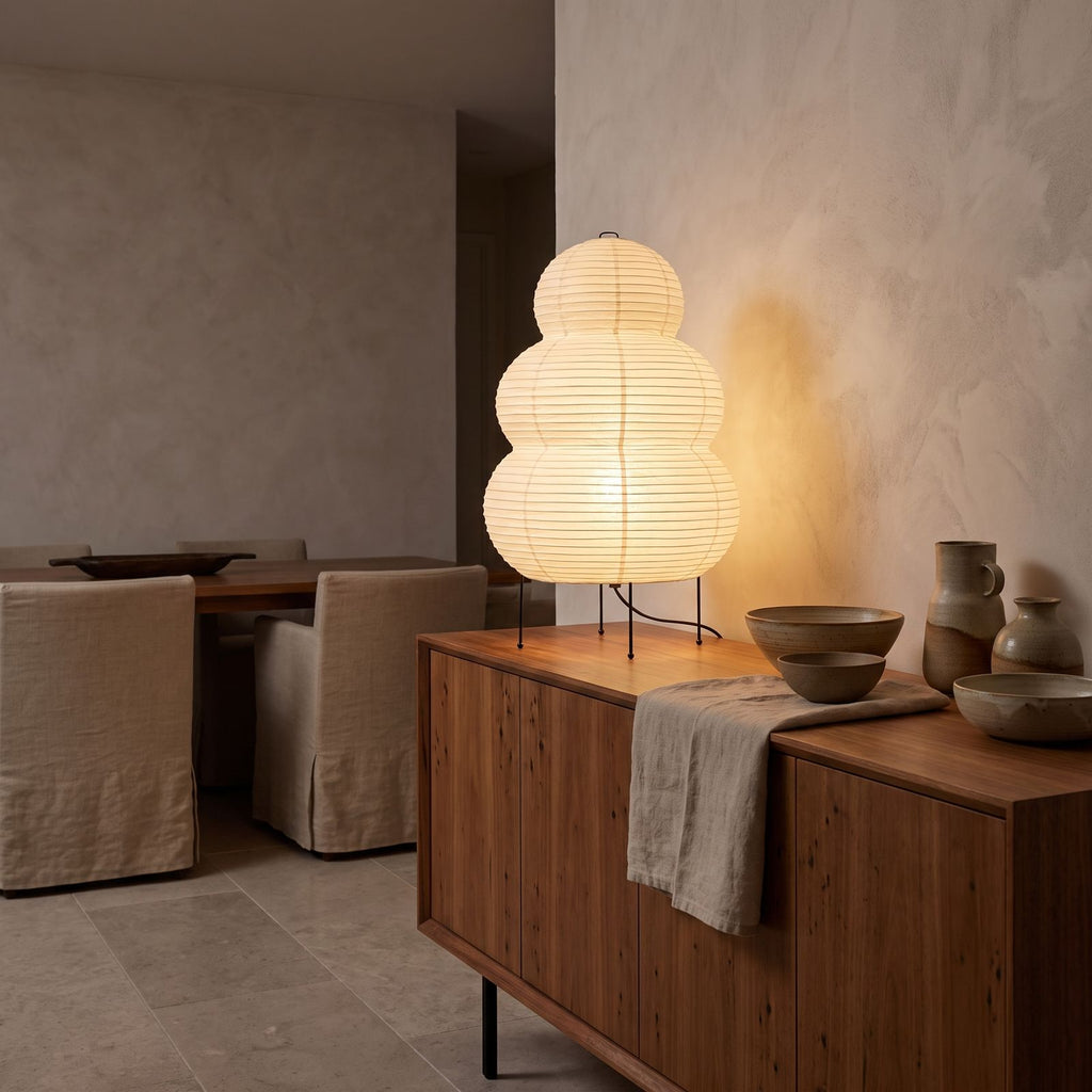 Wabi-Sabi Rice Paper Tripod Table Lamp on a timber sideboard in a dining room