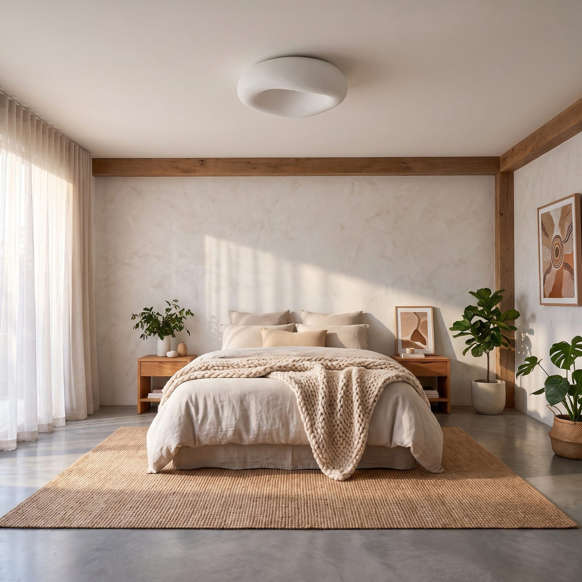 Wabi-sabi textured pebble ceiling light on a dining room ceiling at night