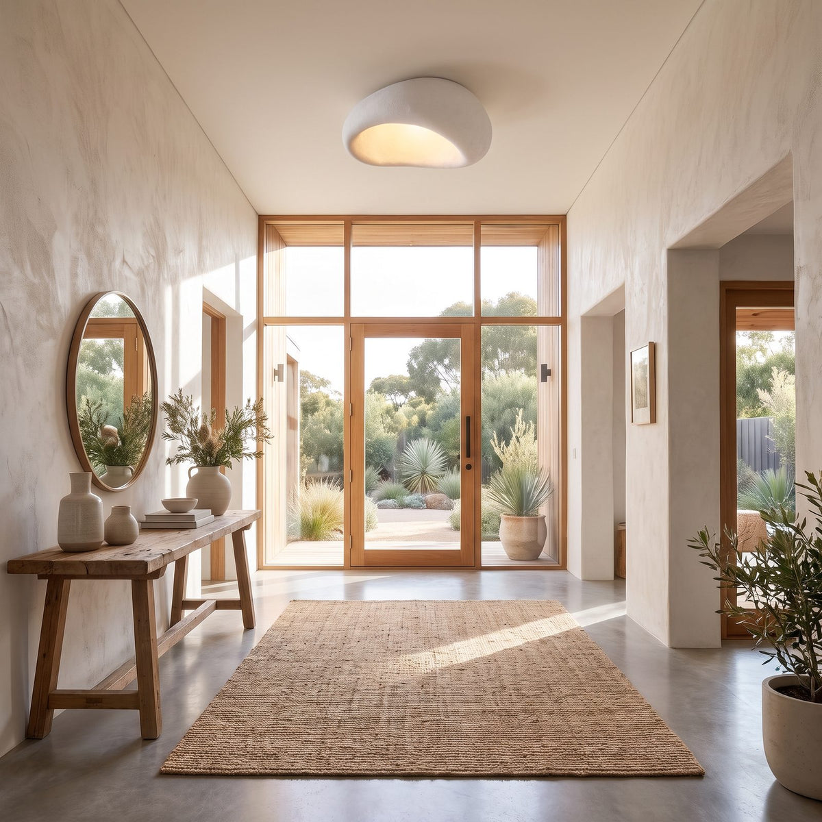 Wabi-sabi textured pebble ceiling light on an entry hall ceiling in daylight