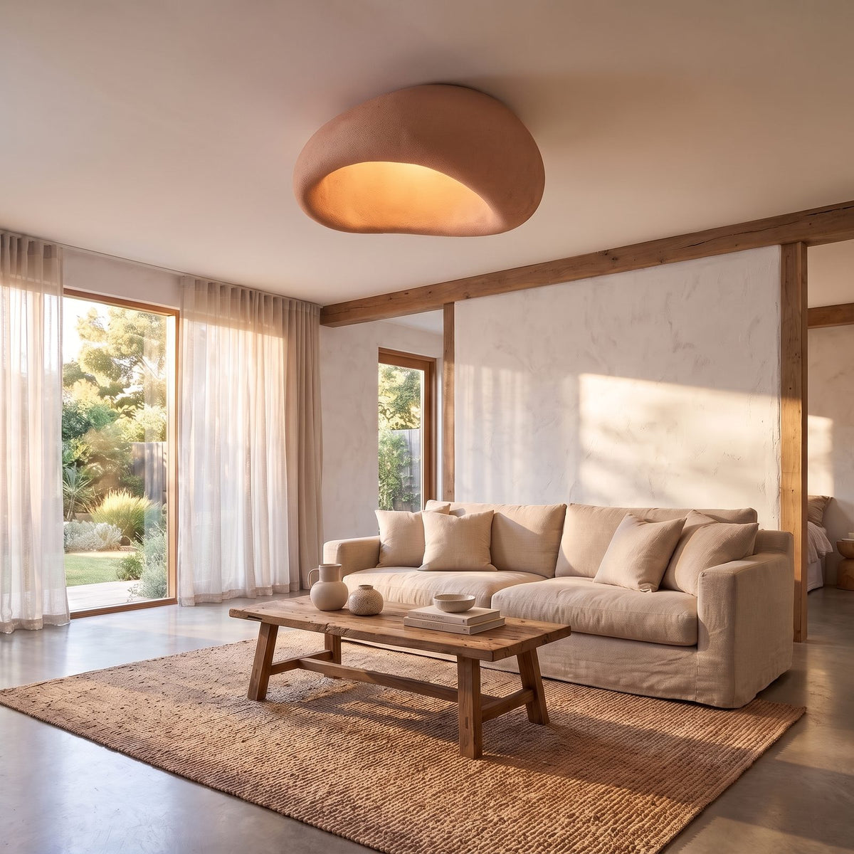 Wabi-Sabi Textured Pebble Ceiling Light in terracotta on a bedroom ceiling