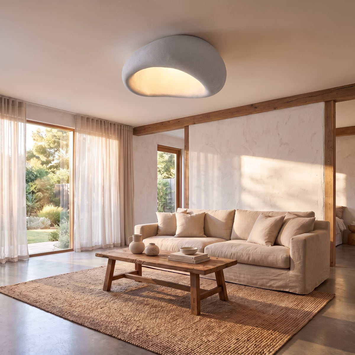 Wabi-Sabi Textured Pebble Ceiling Light in light grey on a bedroom ceiling