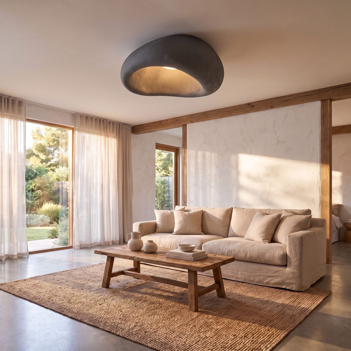 Wabi-Sabi Textured Pebble Ceiling Light in dark grey on a bedroom ceiling