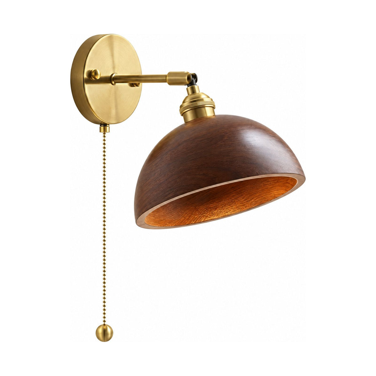 Walnut Dome Shade Pull Cord Wall Light on a white background