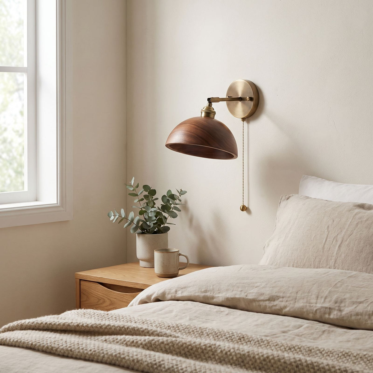 Walnut Dome Shade Pull Cord Wall Light on a bedroom wall beside the bed