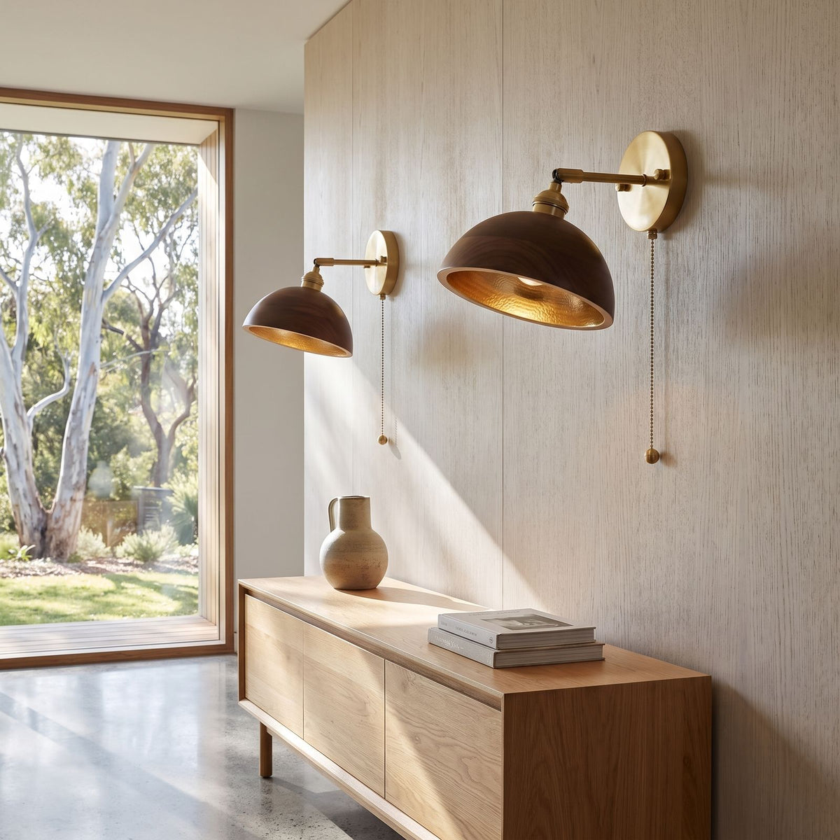 Walnut Dome Shade Pull Cord Wall Light in a pair on a wall of an Australian home