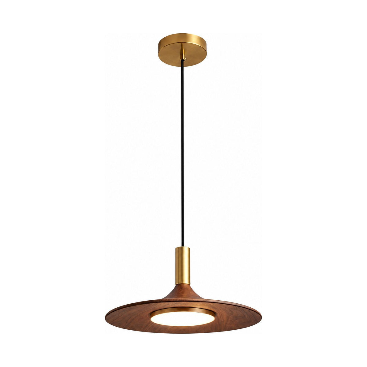 Walnut Finish Wide Brim Iron LED Pendant Light on a white background