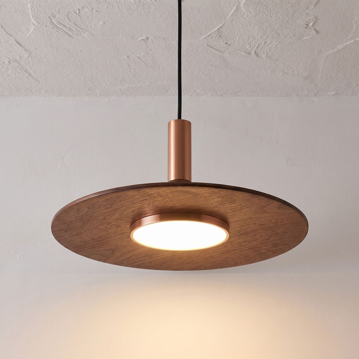 Walnut Finish Wide Brim Iron LED Pendant Light, close view from below