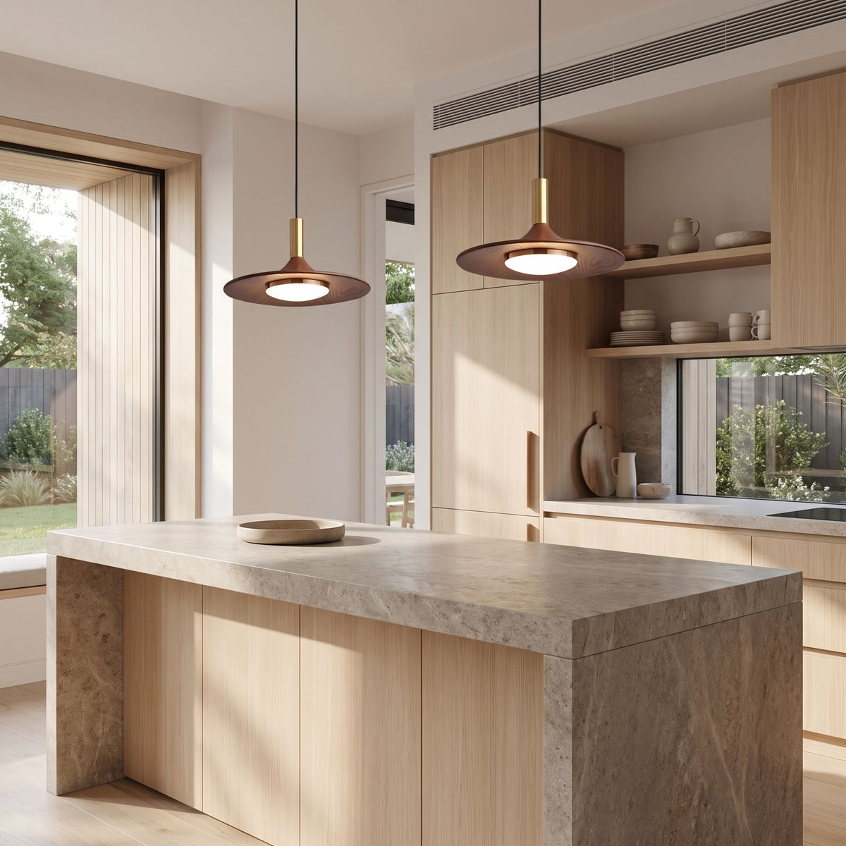 Walnut Finish Wide Brim Iron LED Pendant Light in a pair over a stone kitchen island