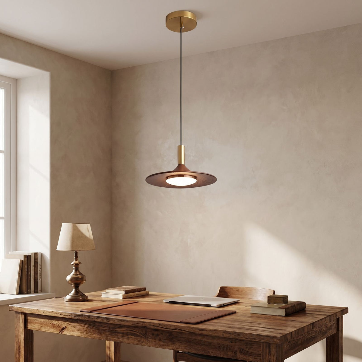 Walnut Finish Wide Brim Iron LED Pendant Light above a desk in a home office