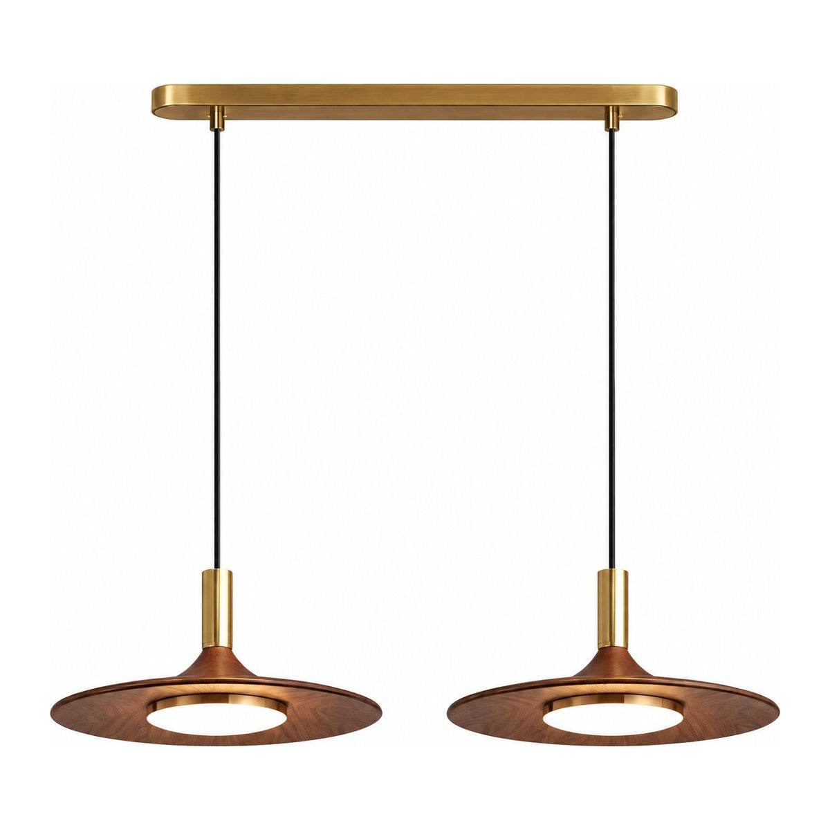 Walnut Finish Wide Brim Iron LED Pendant Light as a two-light linear bar on a white background