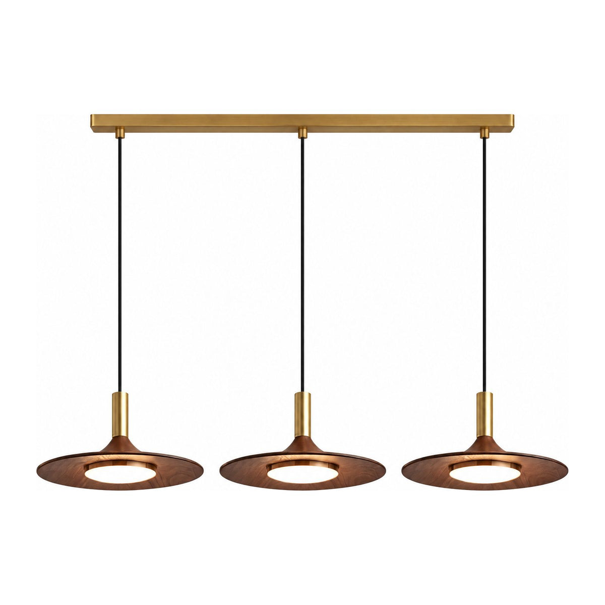 Walnut Finish Wide Brim Iron LED Pendant Light as a three-light linear bar on a white background