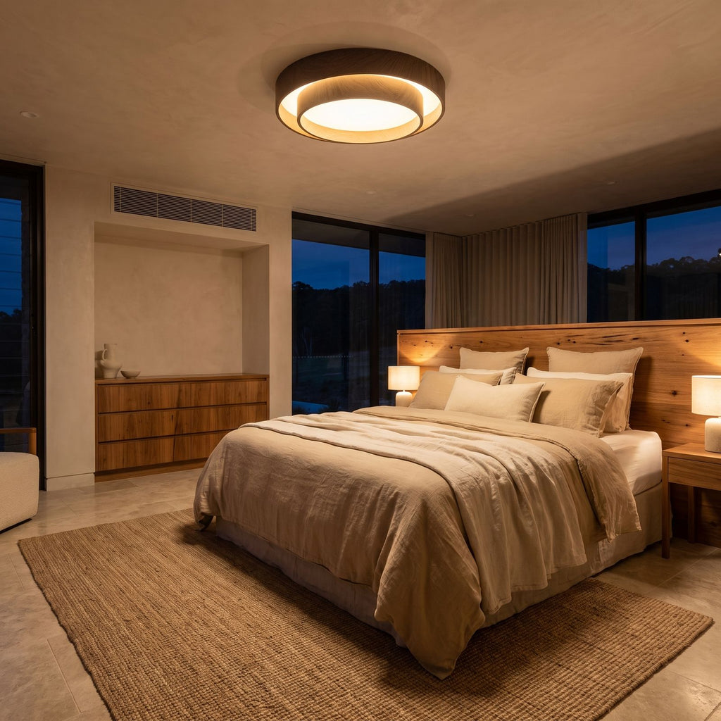 Walnut-Look Acrylic LED Ceiling Light on a bedroom ceiling