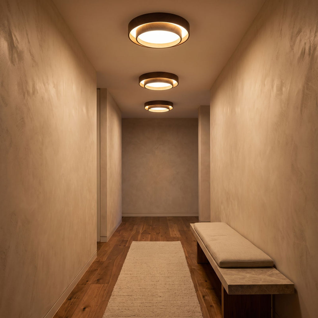 Walnut-Look Acrylic LED Ceiling Lights along a hallway ceiling