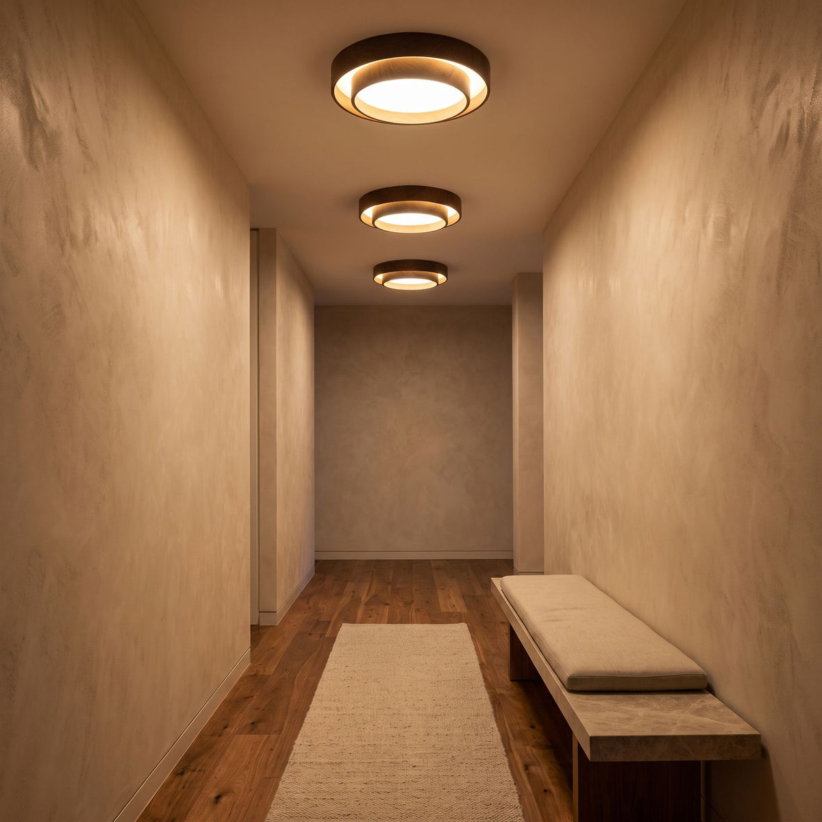 Walnut-Look Acrylic LED Ceiling Lights along a hallway ceiling