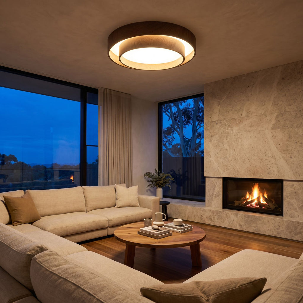 Walnut-Look Acrylic LED Ceiling Light on a living room ceiling