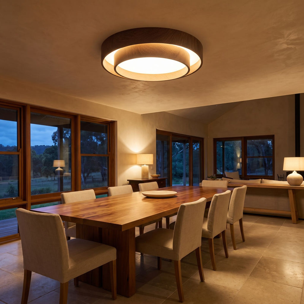 Walnut-Look Acrylic LED Ceiling Light above a dining area