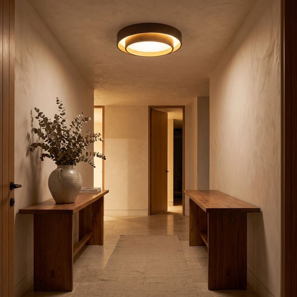 Walnut-Look Acrylic LED Ceiling Light in an entry foyer
