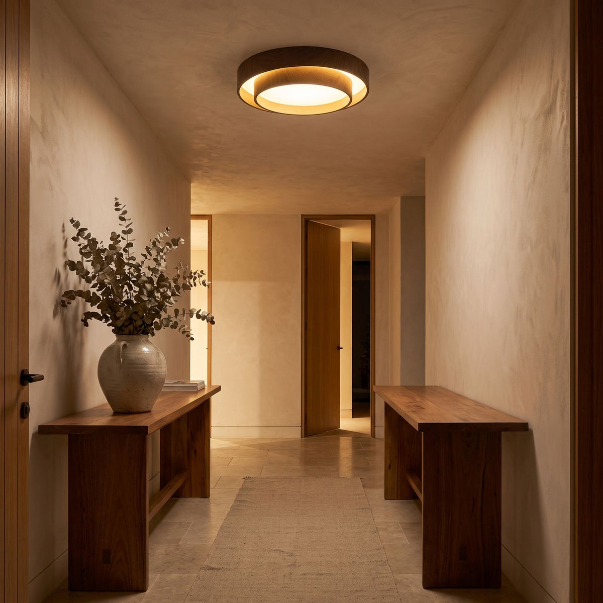 Walnut-Look Acrylic LED Ceiling Light in an entry foyer