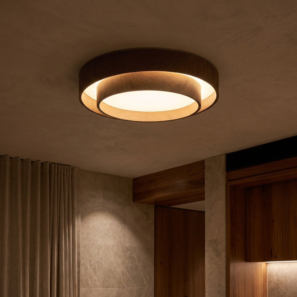 Walnut-Look Acrylic LED Ceiling Light glowing on a ceiling at night