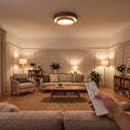 Walnut-Look Acrylic LED Ceiling Light on a living room ceiling, with the handheld dimming remote