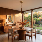 Walnut Wood and Brass Arm Glass Shade Chandelier above a dining table at golden hour