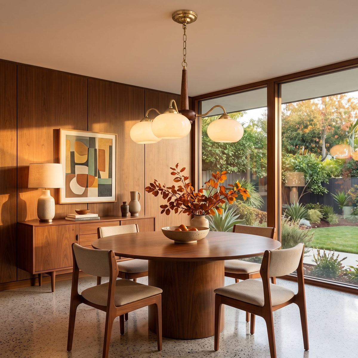Walnut Wood and Brass Arm Glass Shade Chandelier above a dining table at golden hour
