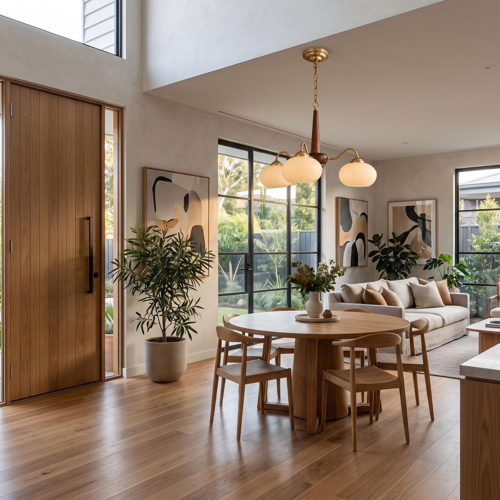 Walnut Wood and Brass Arm Glass Shade Chandelier in an open-plan living and dining room, wide view