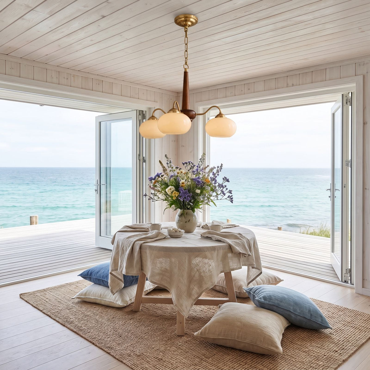 Walnut Wood and Brass Arm Glass Shade Chandelier in a styled bedroom in soft daylight