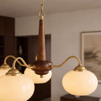 Walnut Wood and Brass Arm Glass Shade Chandelier: close-up of the materials and finish